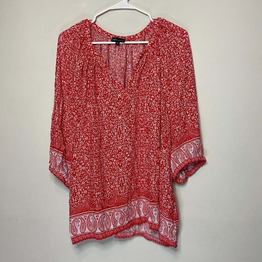 Jones New York Women 1X Floral Blouse Pullover Red Smocked V Neck Lightweight